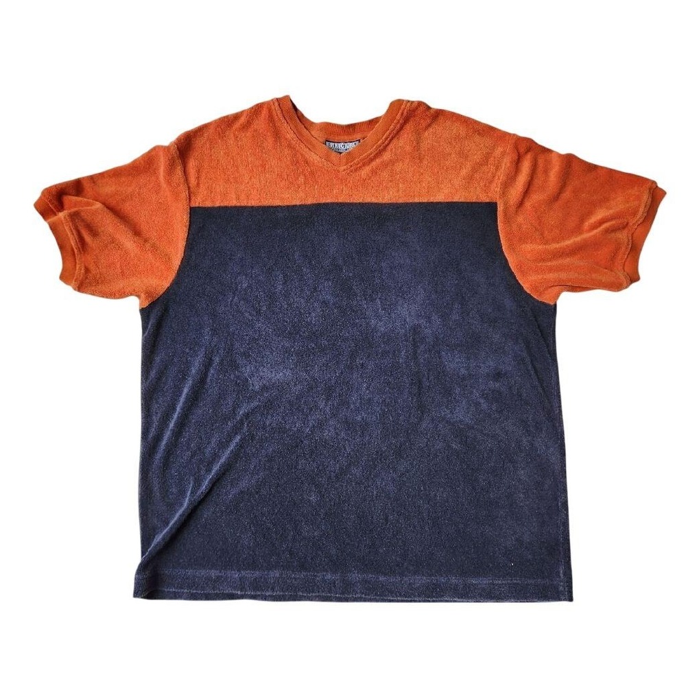 Vintage Structure Velour Colorblock Tee Shirt Orange Navy Y2K Retro XL Men's